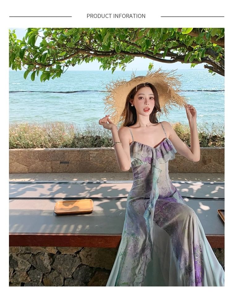V-Neck Tie Dye Ruffle Trim Spaghetti Strap A-Line Maxi Dress