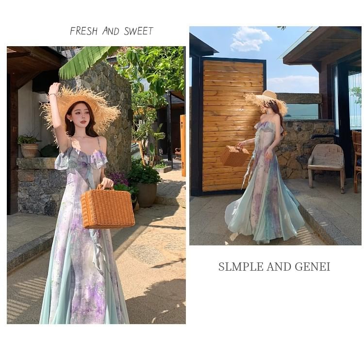 V-Neck Tie Dye Ruffle Trim Spaghetti Strap A-Line Maxi Dress