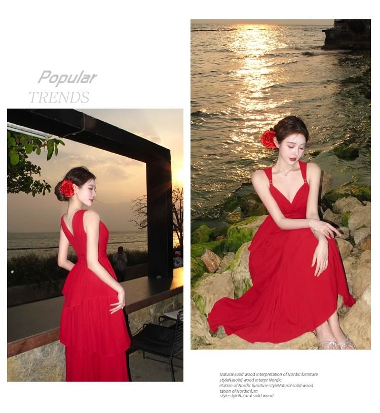 V-Neck Sleeveless Tiered Plain A-Line Maxi Dress