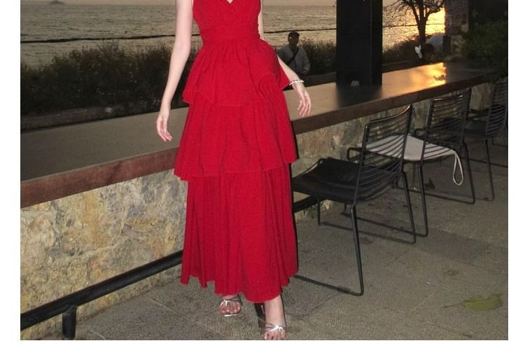 V-Neck Sleeveless Tiered Plain A-Line Maxi Dress