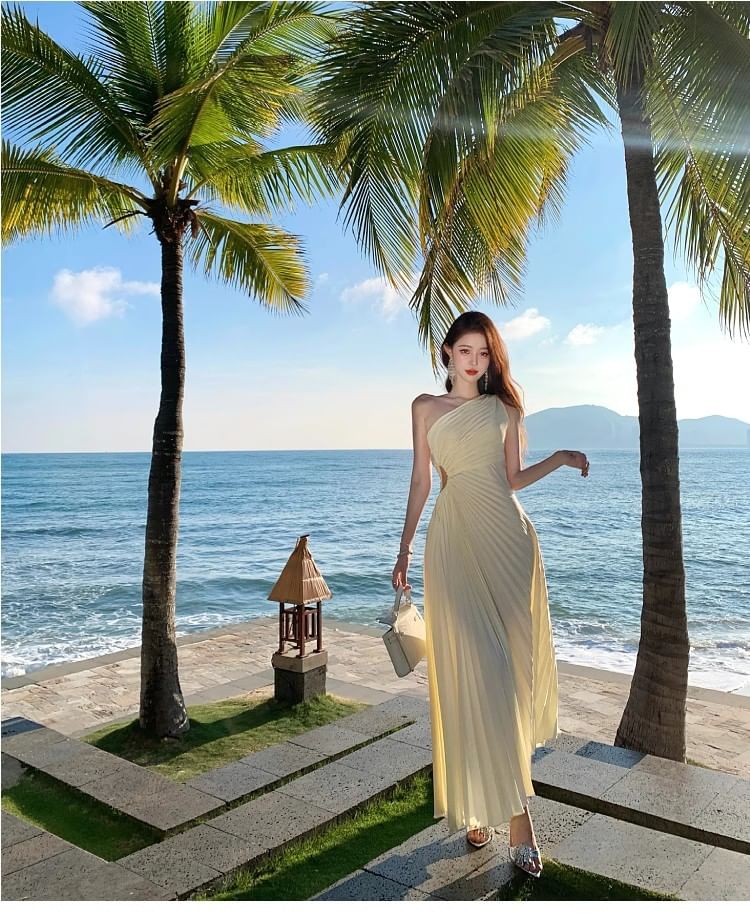 One-Shoulder Sleeveless Pleated Satin Cutout A-Line Maxi Dress