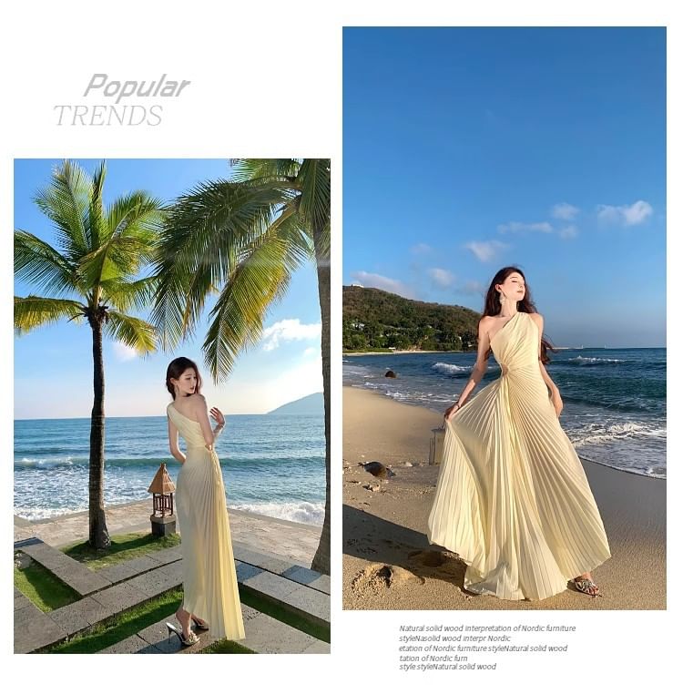 One-Shoulder Sleeveless Pleated Satin Cutout A-Line Maxi Dress