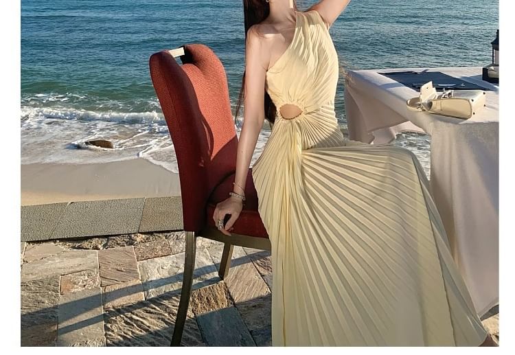 One-Shoulder Sleeveless Pleated Satin Cutout A-Line Maxi Dress