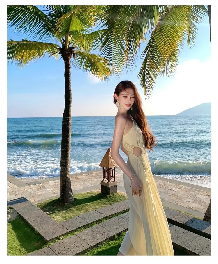 One-Shoulder Sleeveless Pleated Satin Cutout A-Line Maxi Dress