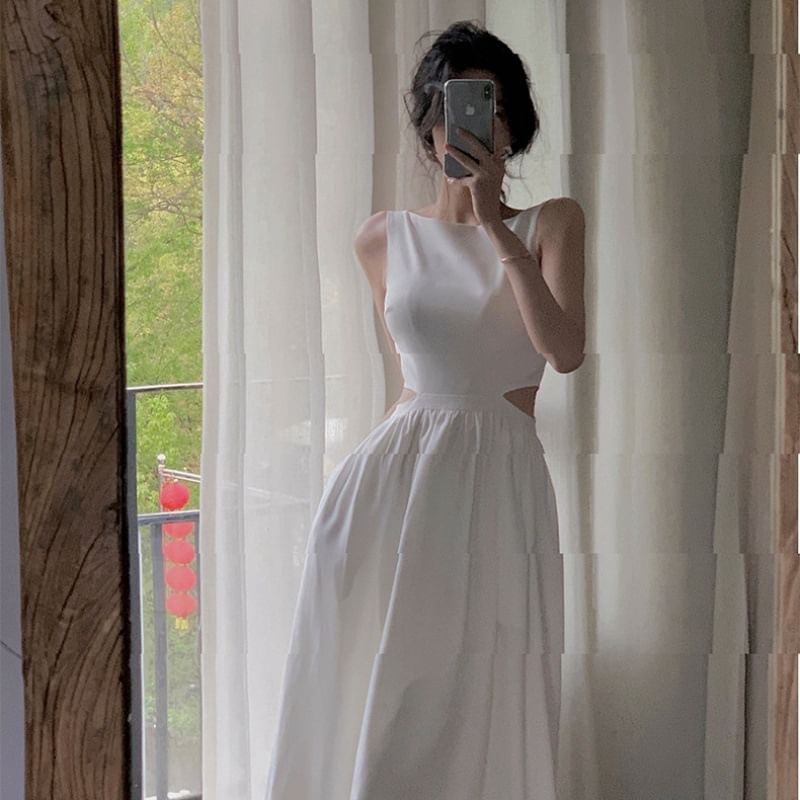Cutout Gathered Boat Neck Sleeveless Maxi A-Line Dress