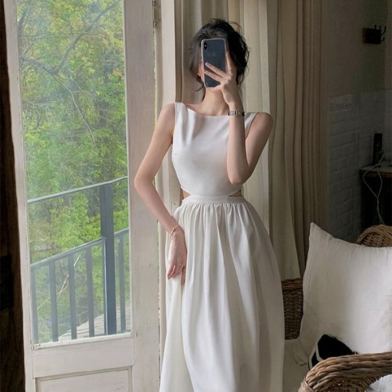 Cutout Gathered Boat Neck Sleeveless Maxi A-Line Dress