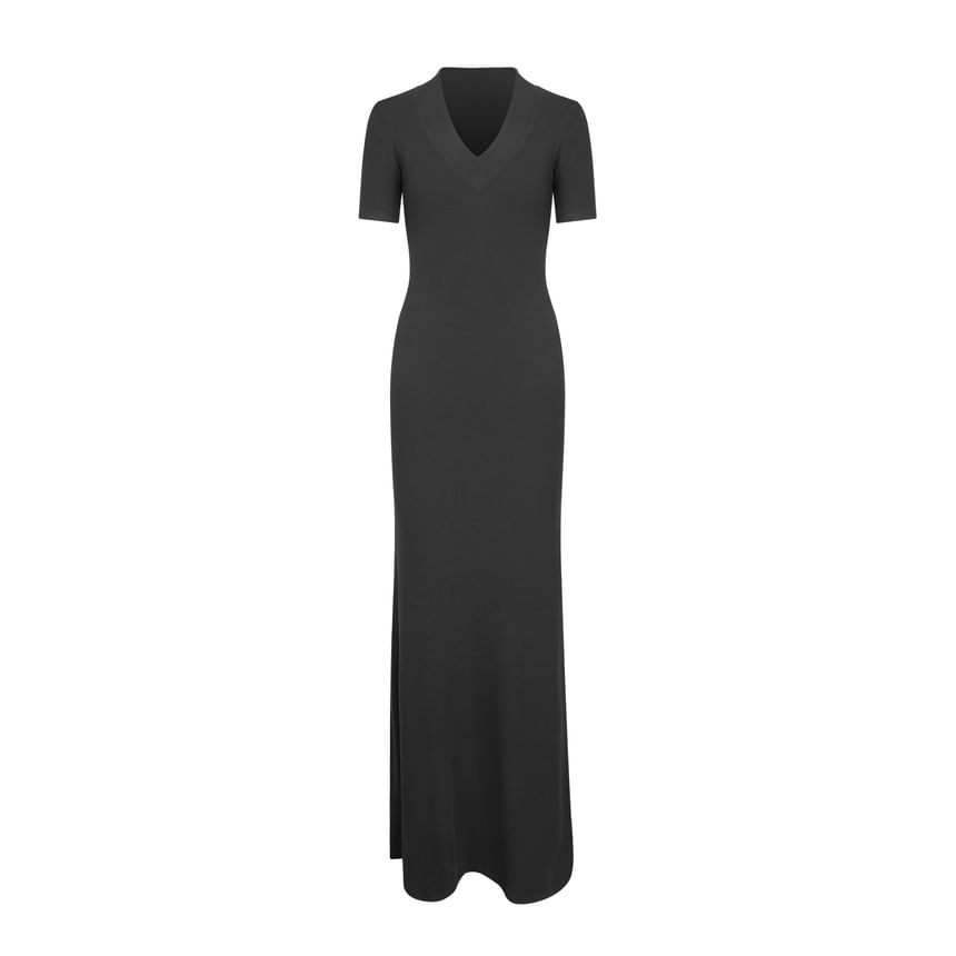 V-Neck Elbow-Sleeve Ribbed Plain Sheath Maxi Dress
