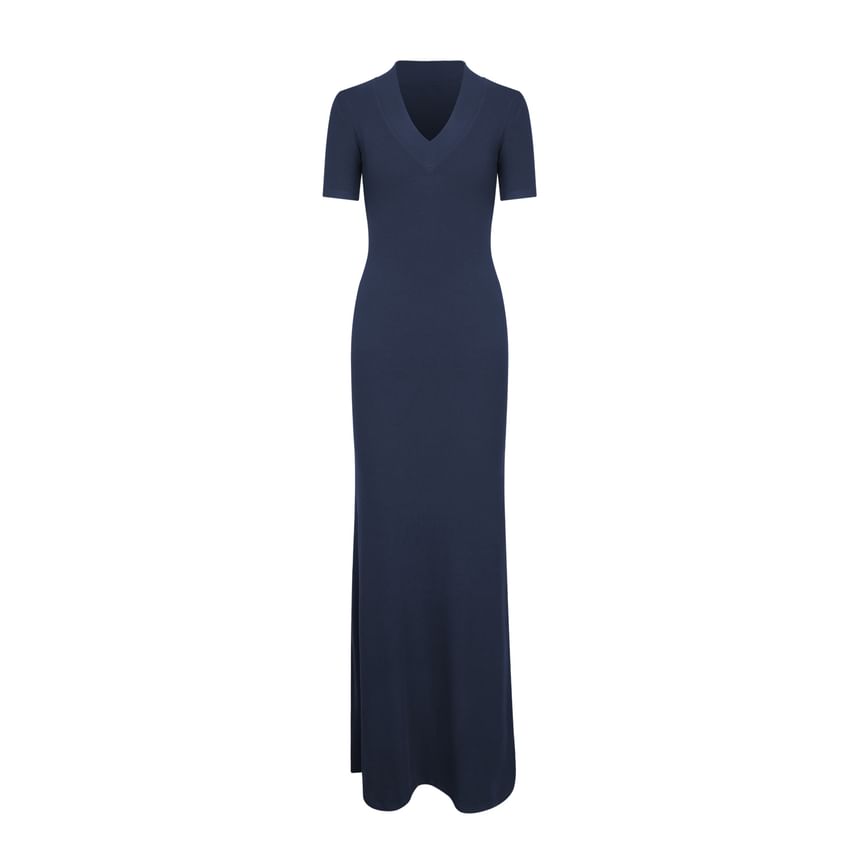 V-Neck Elbow-Sleeve Ribbed Plain Sheath Maxi Dress