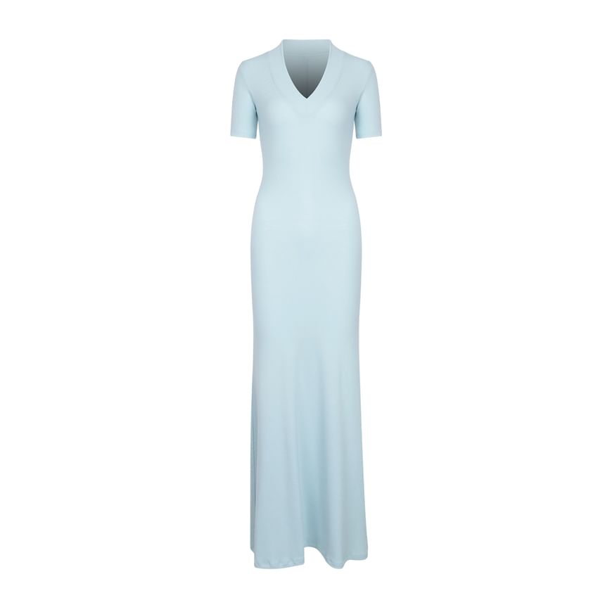V-Neck Elbow-Sleeve Ribbed Plain Sheath Maxi Dress