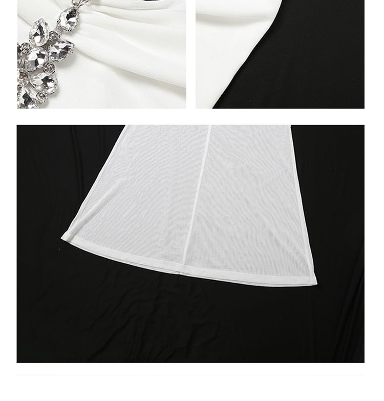 Halter Neck Lace Panel Rhinestone Accent Ruched Mesh Mermaid Maxi Dress