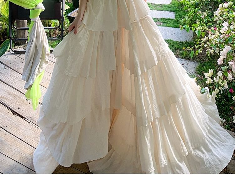 Tiered Halter Neck Plain A-Line Maxi Dress