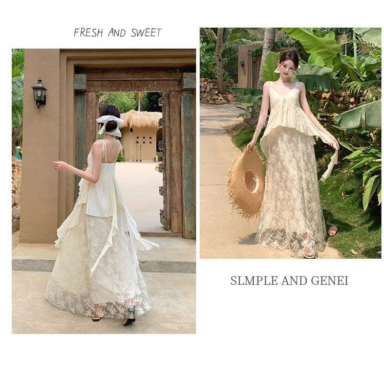Sleeveless V-Neck Lace A-Line Maxi Dress