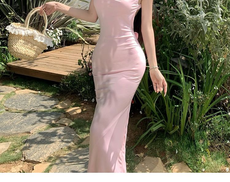 Open Back Sleeveless Plain Sheath Maxi Dress