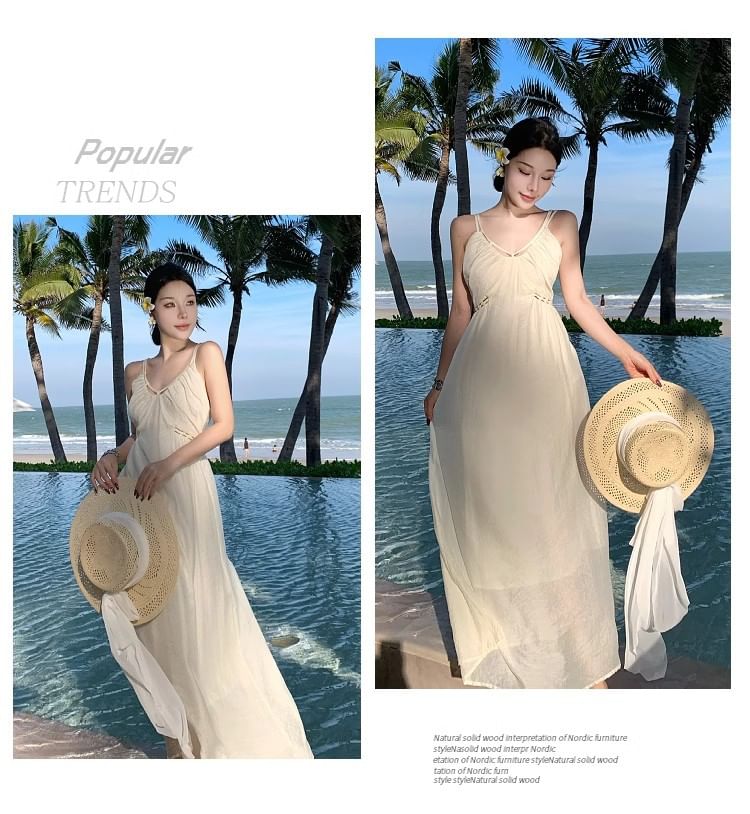 V-Neck Plain Sheath Maxi Dress with Spaghetti Straps