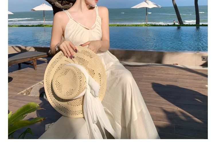 V-Neck Plain Sheath Maxi Dress with Spaghetti Straps