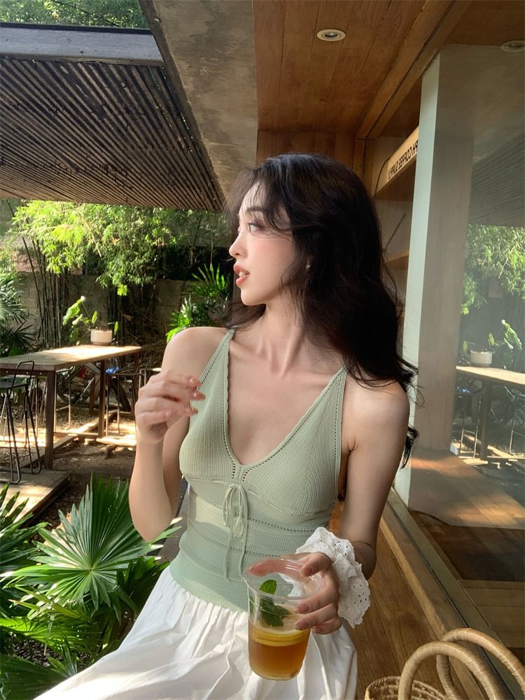 V-Neck Neck Tie Top Spaghetti Camisole Strap Plain