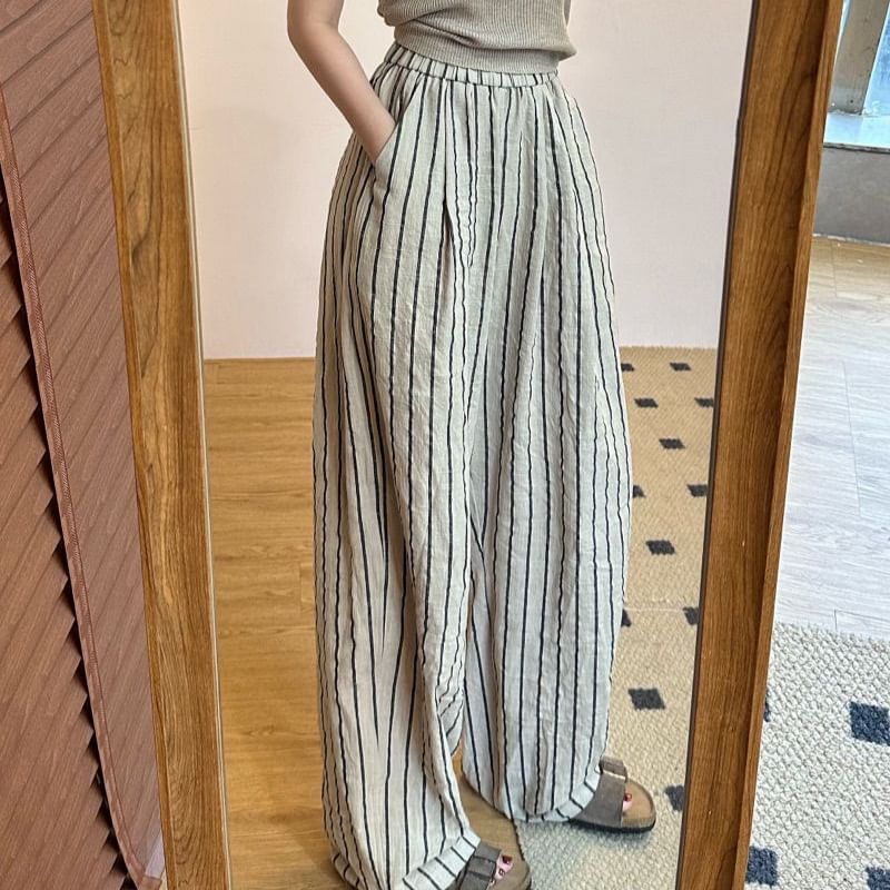 Striped Waist High Plain Pants Wide Leg