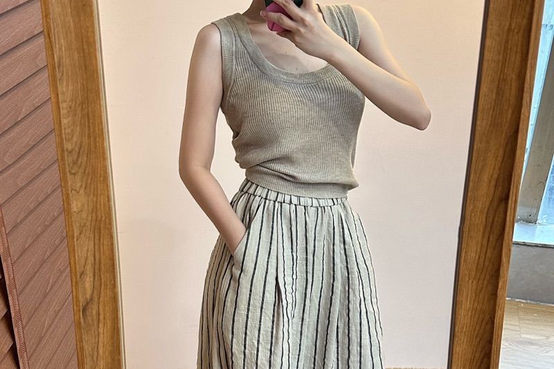 Striped Waist High Plain Pants Wide Leg