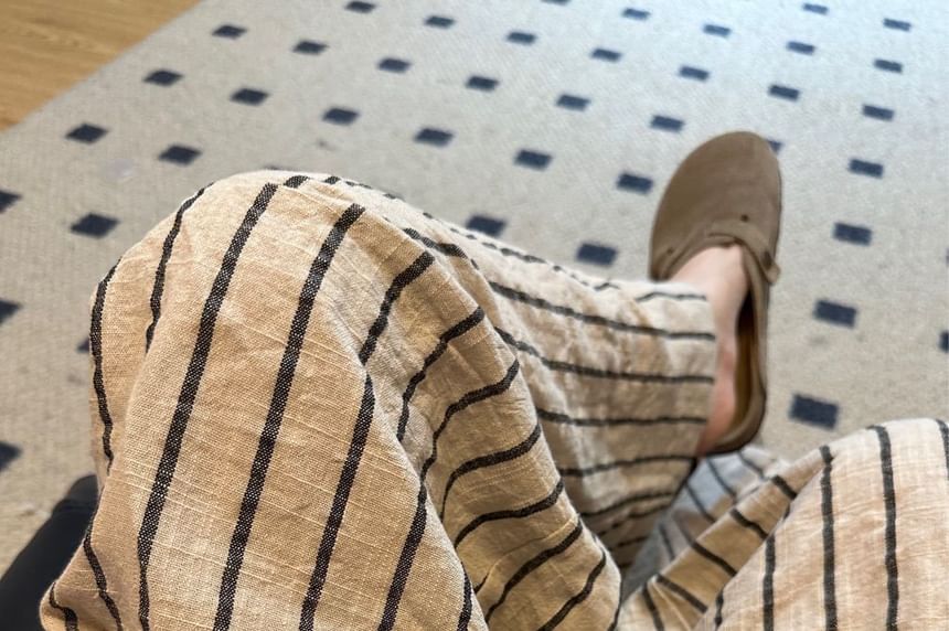 Striped Waist High Plain Pants Wide Leg