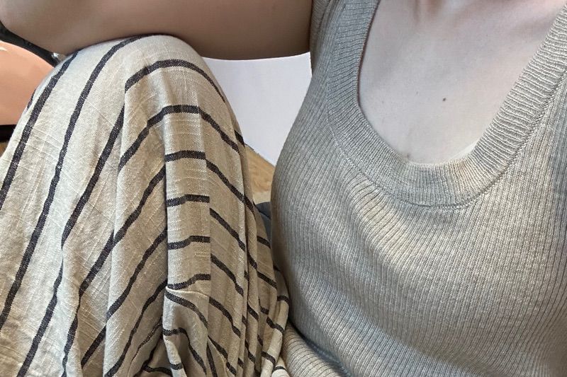 Pants High Striped Wide Leg Plain Waist