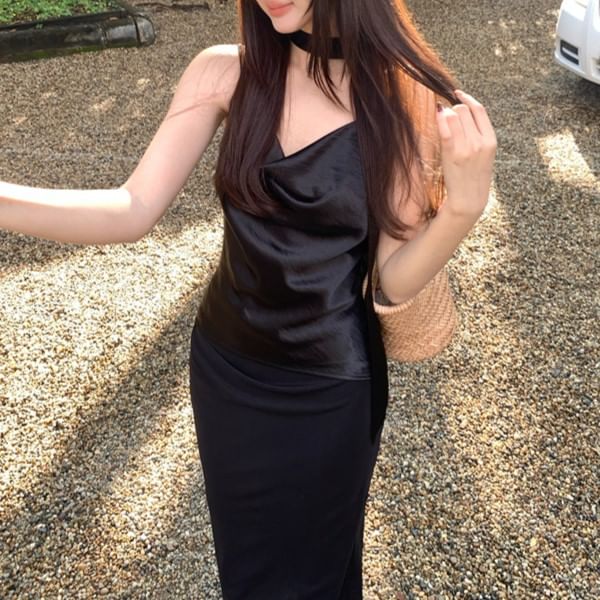 Top Strap Spaghetti Neck Cowl Plain Camisole