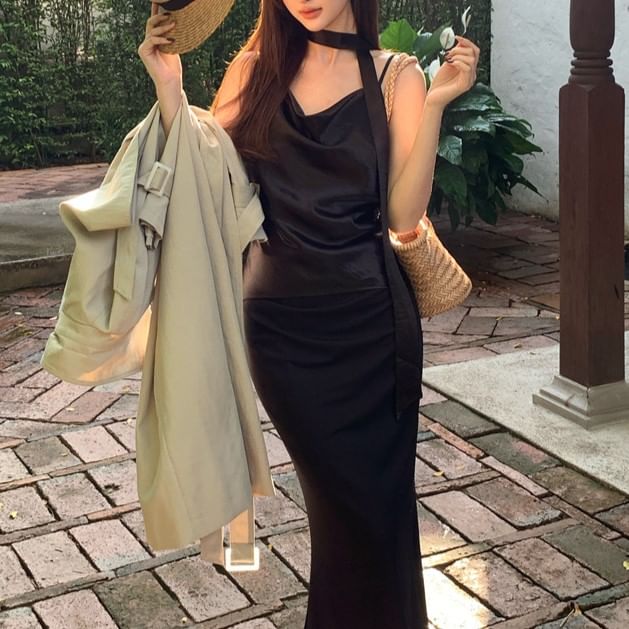 Top Strap Spaghetti Neck Cowl Plain Camisole