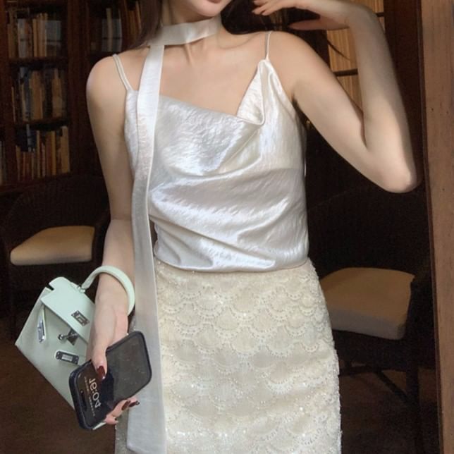 Top Strap Spaghetti Neck Cowl Plain Camisole