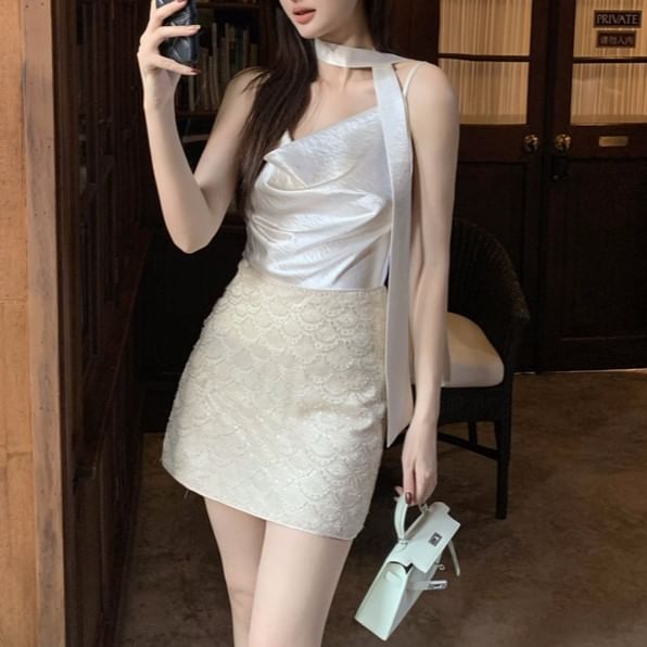 Top Strap Spaghetti Neck Cowl Plain Camisole