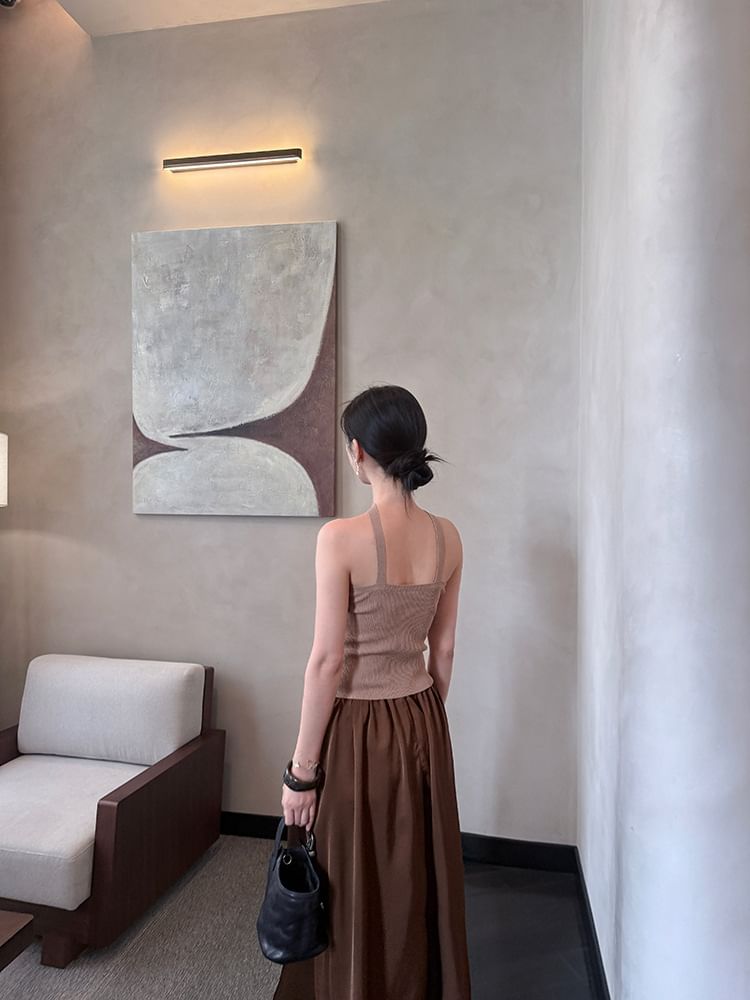 Neck Ribbed Halter Plain Top Knit
