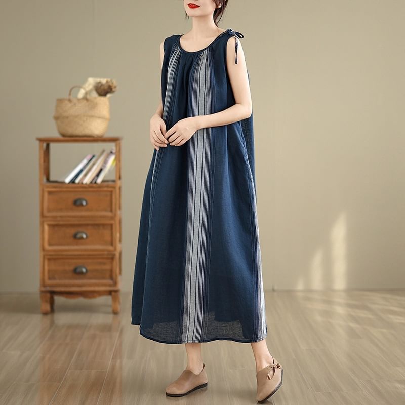 Crewneck Striped Sleeveless A-Line Maxi Dress