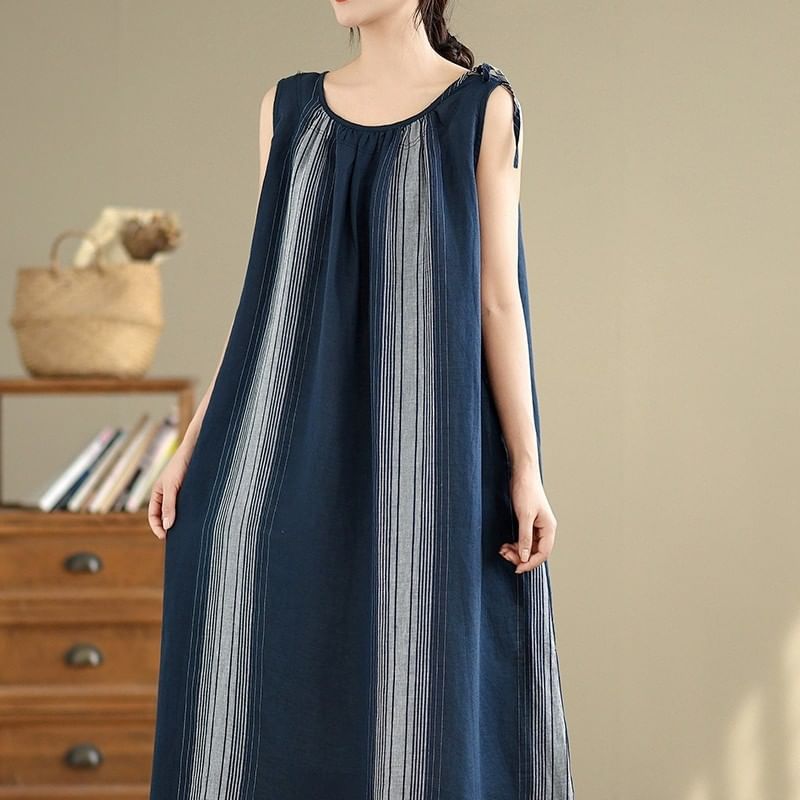 Crewneck Striped Sleeveless A-Line Maxi Dress