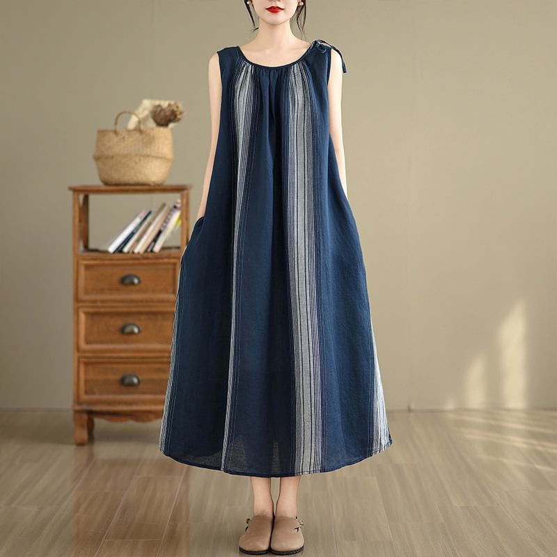 Crewneck Striped Sleeveless A-Line Maxi Dress