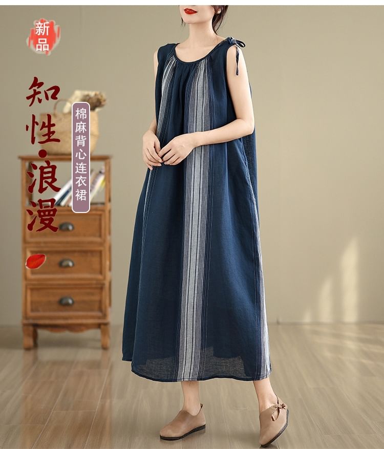 Crewneck Striped Sleeveless A-Line Maxi Dress