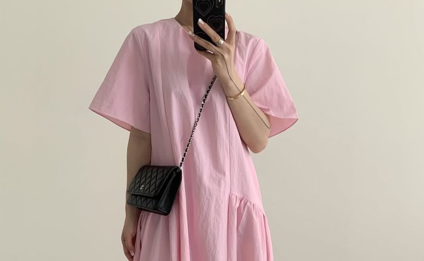 Short-Sleeve Crewneck Plain A-Line Maxi Dress