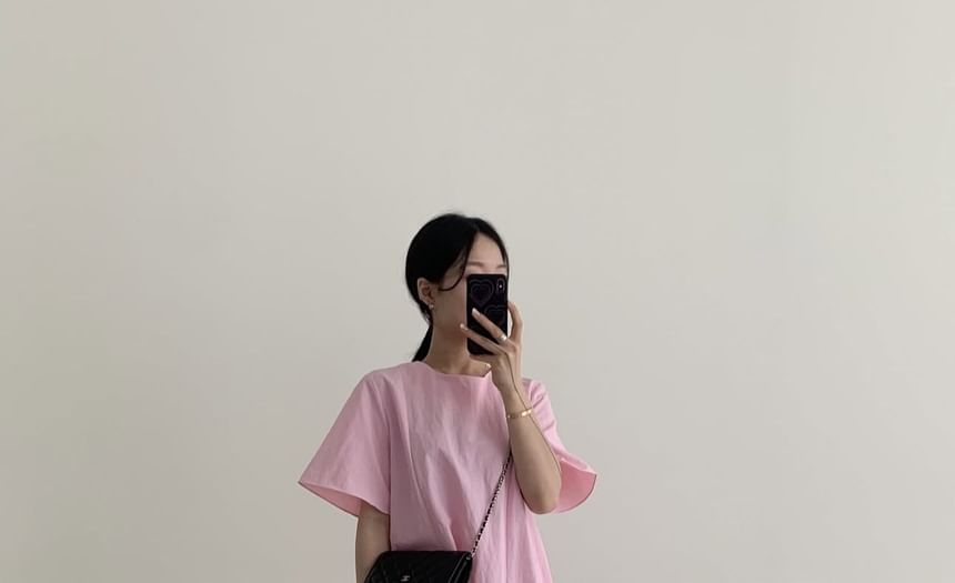 Short-Sleeve Crewneck Plain A-Line Maxi Dress