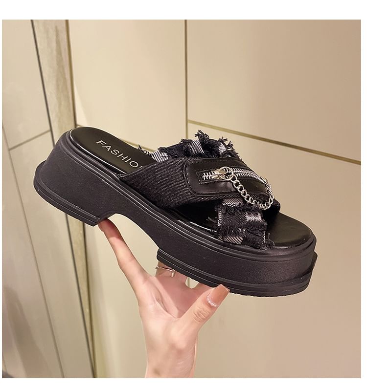 Detail Chunky Cross Platform Strap Zipped Slide Sandals Chain Heel