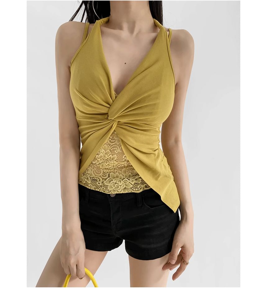 Halter Twist Lace Panel Slim Fit Cami