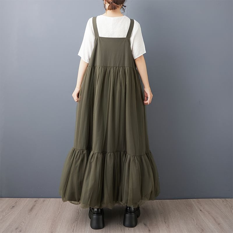 Ruched Plain Maxi Pinafore Dress