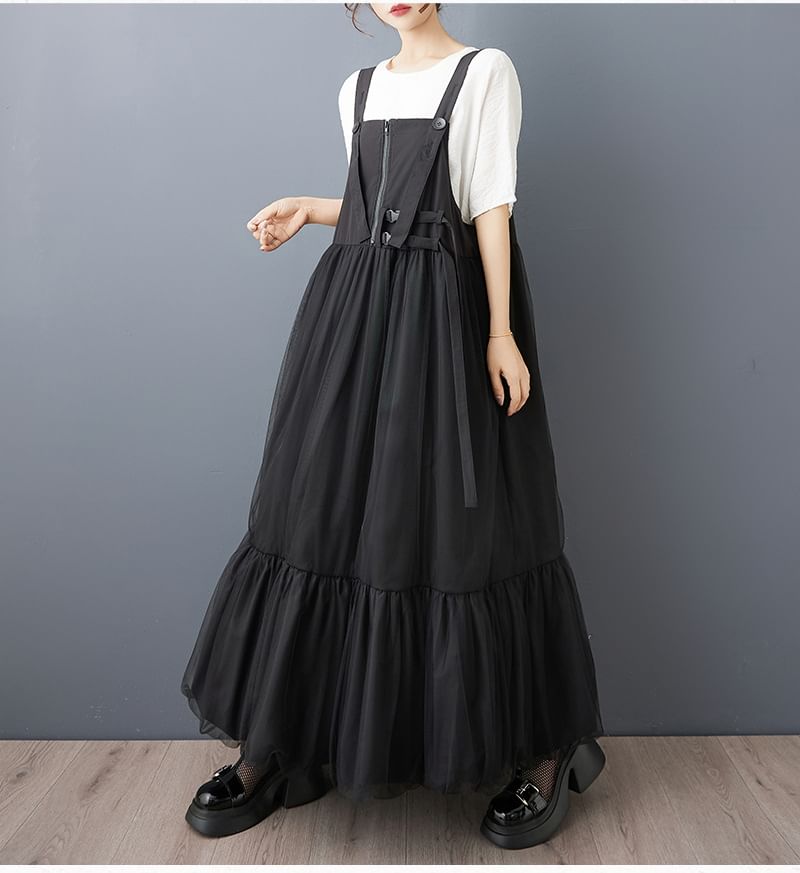 Ruched Plain Maxi Pinafore Dress