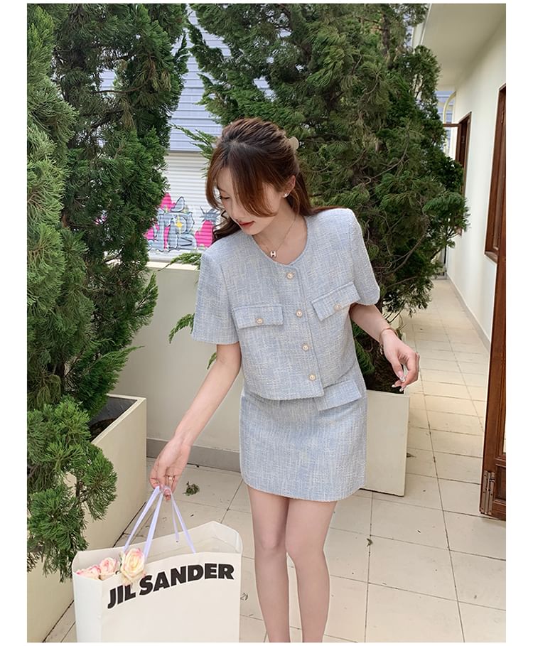 Set: Short-Sleeve Tweed Button-Up Jacket + High Waist Mini A-Line Skirt