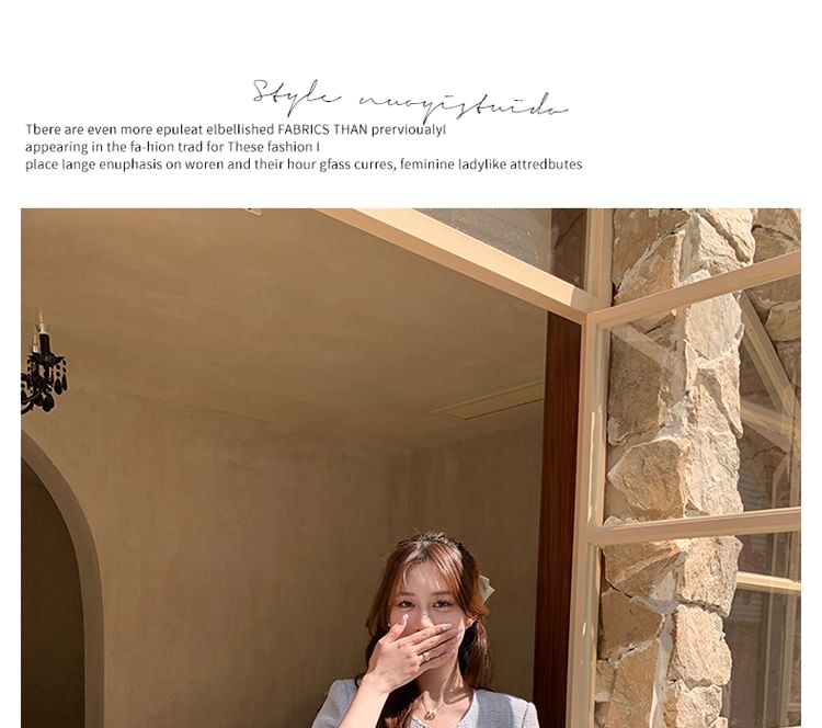 Set: Short-Sleeve Tweed Button-Up Jacket + High Waist Mini A-Line Skirt