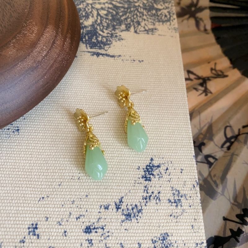 Faux Earring Jade Floral Drop