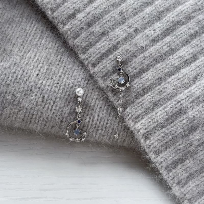 Drop Pearl Faux Rhinestone On Earring Asymmetrical Clip /