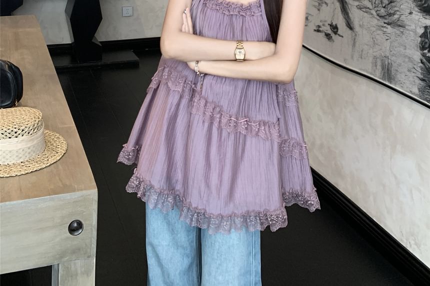Halter Neck Lace Asymmetrical Flowy Top