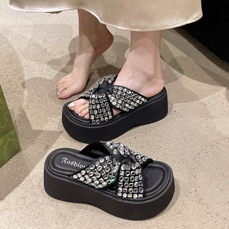 Sandals Strap Rhinestone Platform Cross