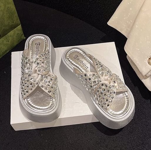 Sandals Strap Rhinestone Platform Cross