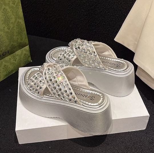 Sandals Strap Rhinestone Platform Cross