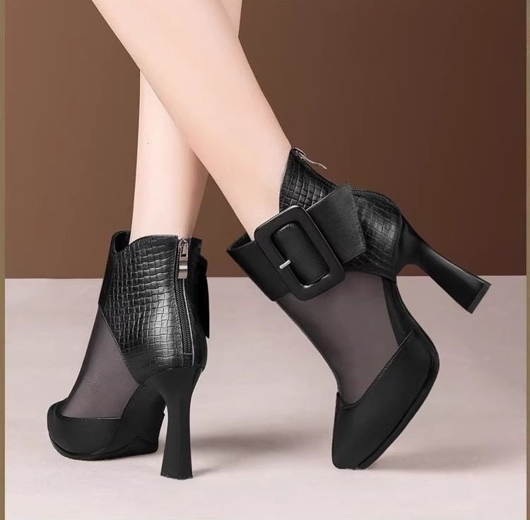 Toe Short Boots Platform Pointed Panel Buckled Mesh