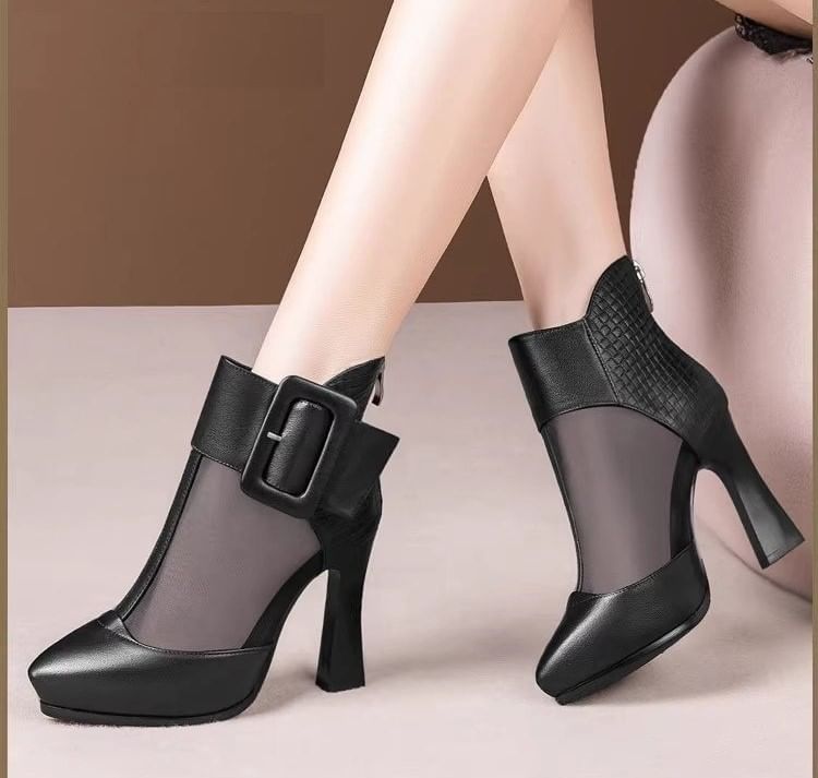Toe Short Boots Platform Pointed Panel Buckled Mesh