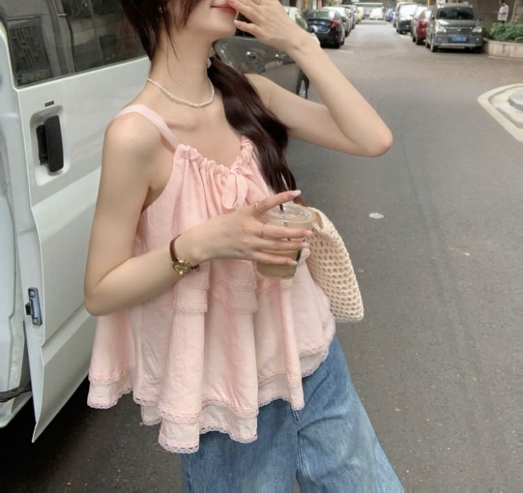 Lace Trim Layered Tie Front Flowy Cami Top